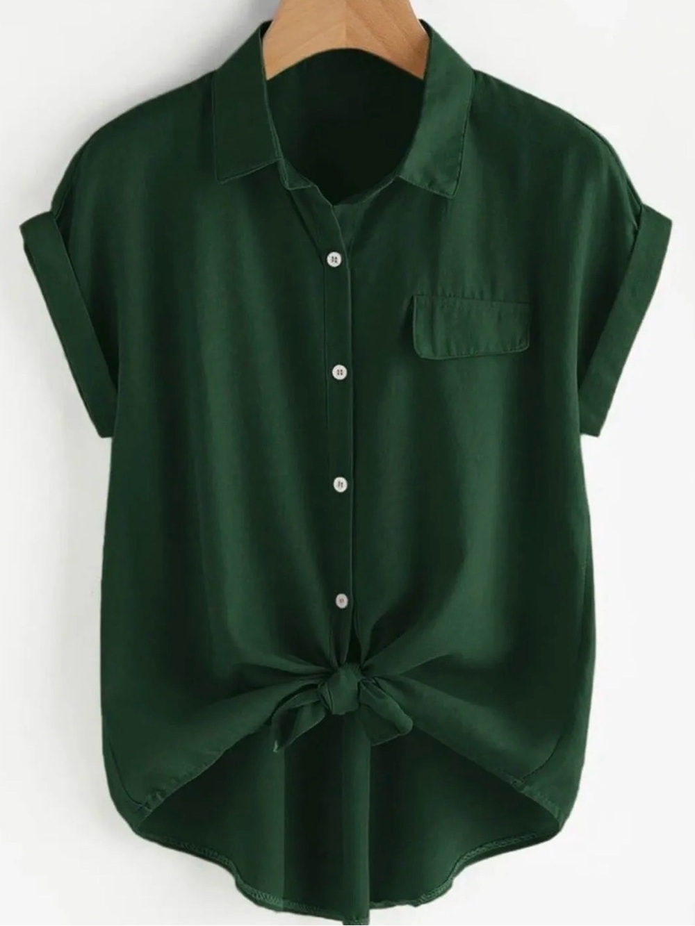 SHEIN Dark Green Short-Sleeve Button-Up Tie-Hem Shirt